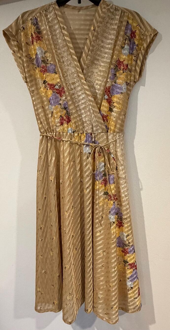 Vintage 80s Floral Sheer Wrap Midi Dress Slip Jacquard Stripe Boho Romantic
